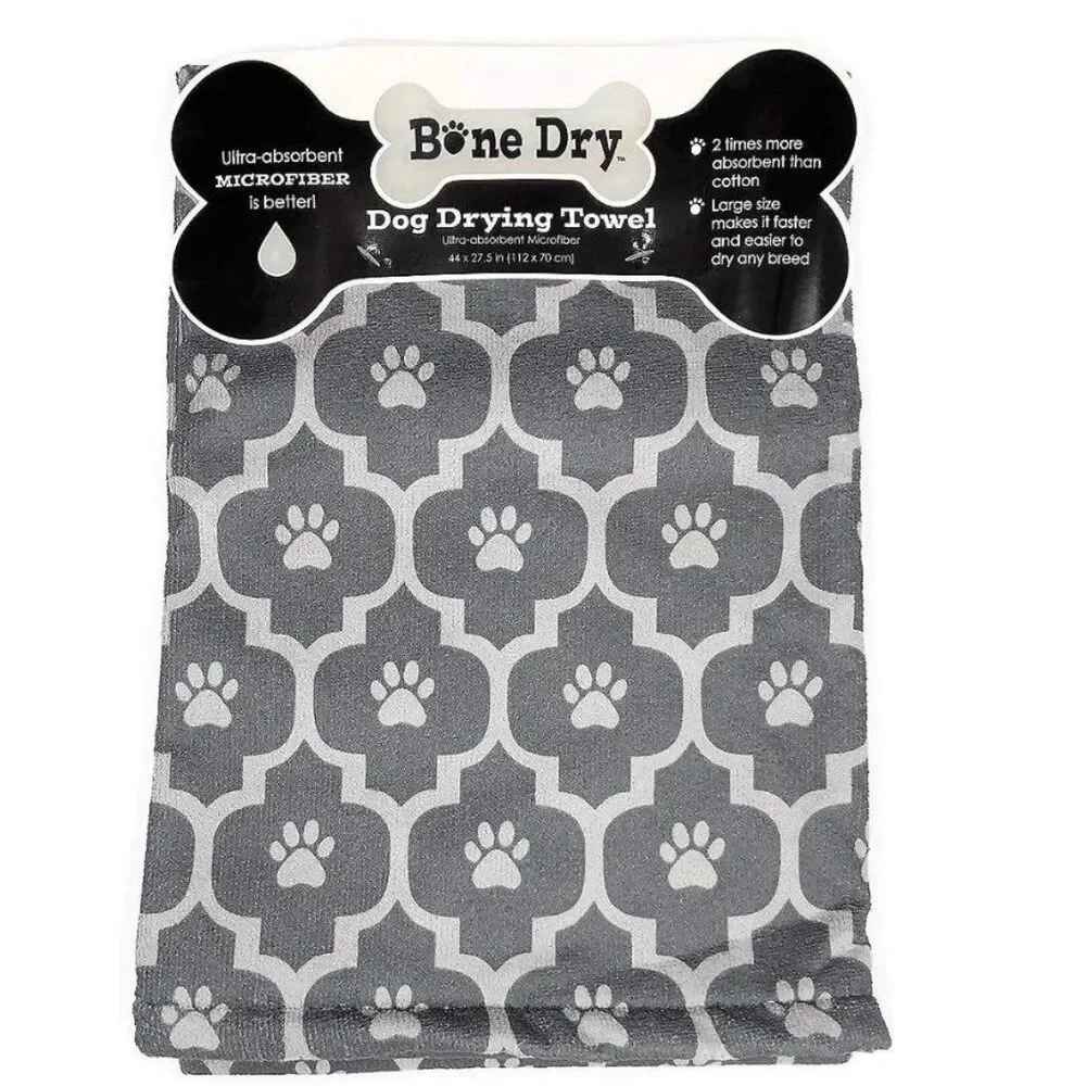 Excello Bone Dry Microfiber Dog Drying Towel - Grey Moroccan Print Pawprints